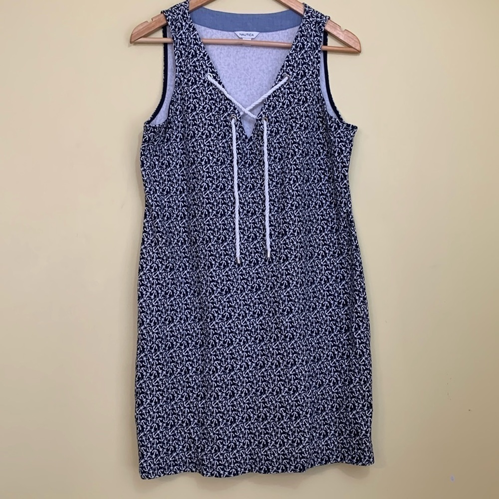 Nautica | Lace-Up Anchor Nautical All Over Print Sleeveless 100% Cotton Dress L - Picture 3 of 17
